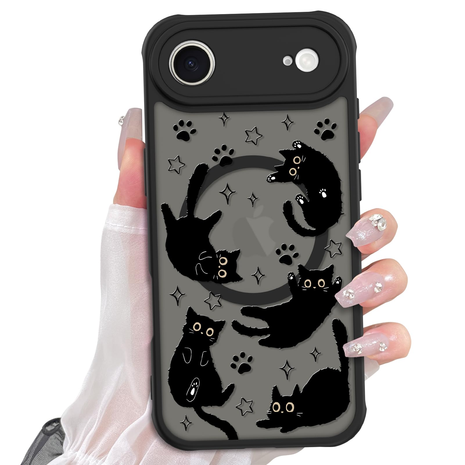Cute Magnetic Case for iPhone 14 Case [ Compatible with MagSafe ] with Black Cat Cats Pattern Design for Women Girls Boys, Soft Bumper Hard Back Kawaii Animal Protective Phone Cover