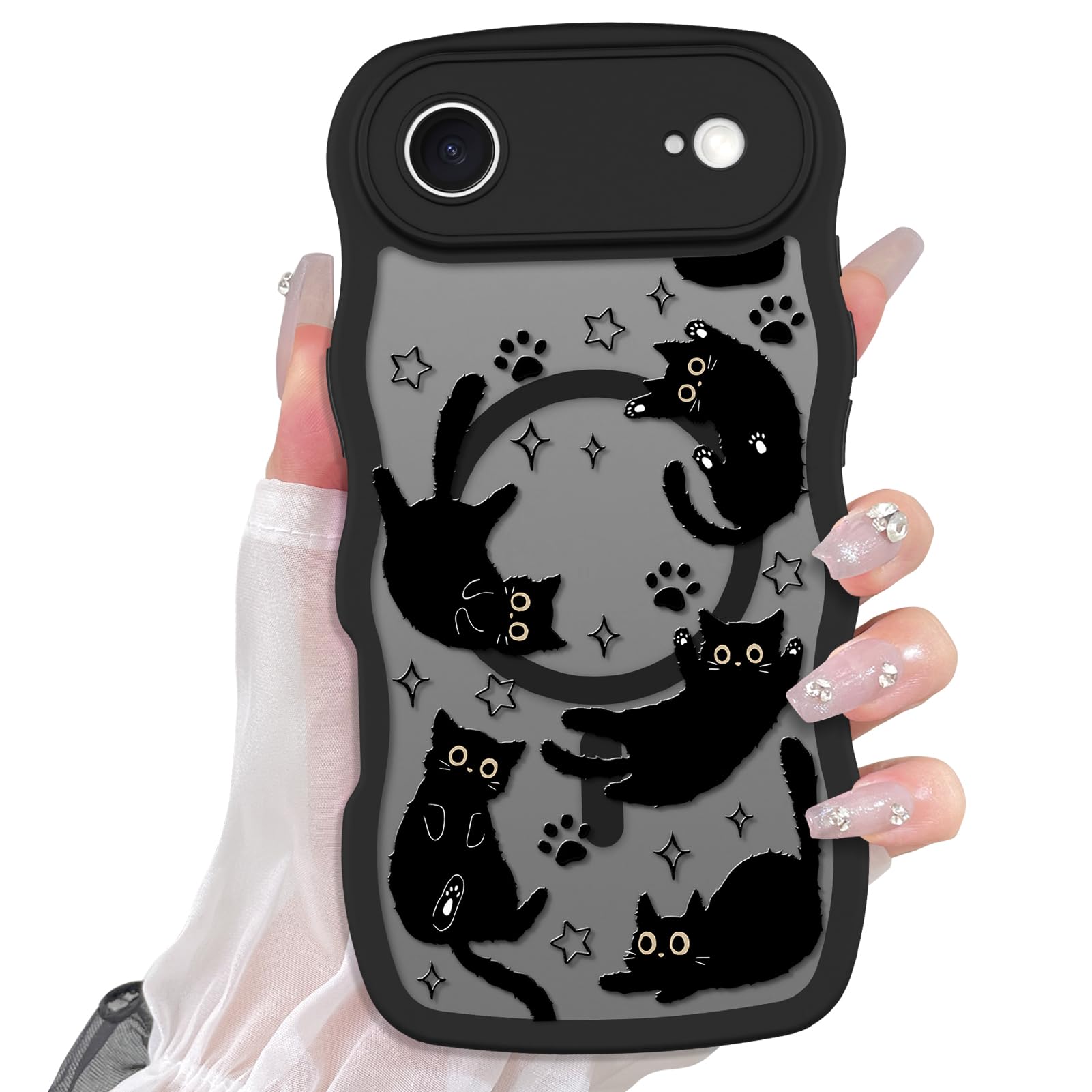 Cute Magnetic Case for iPhone 14 Case [ Compatible with MagSafe ] with Black Cat Cats Pattern Design for Women Girls Boys, Soft Bumper Hard Back Kawaii Animal Protective Phone Cover
