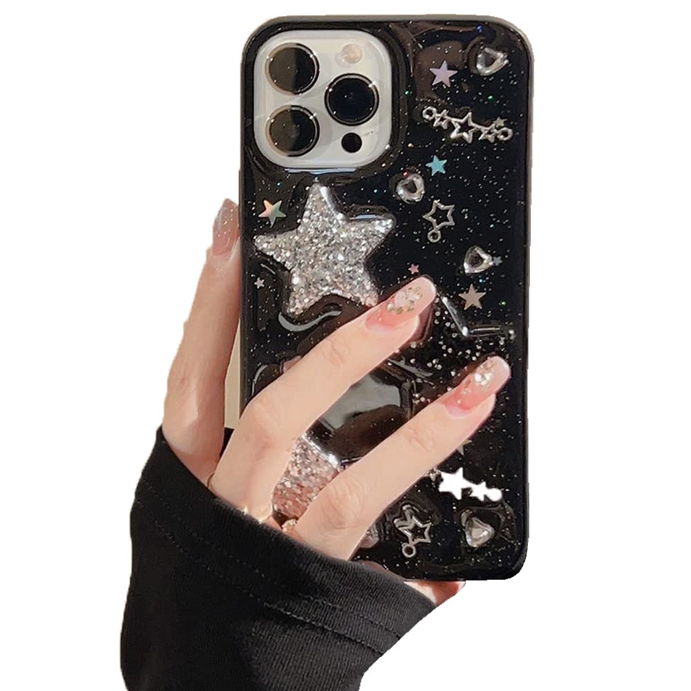 for iPhone 13 Case Bling Stars 3D Hearts Diamond Twinkle Star Glitter Y2K Spark Luxury Girly Aesthetic Personalized Design for Women Girls Teens TPU Case, 6.1", Black