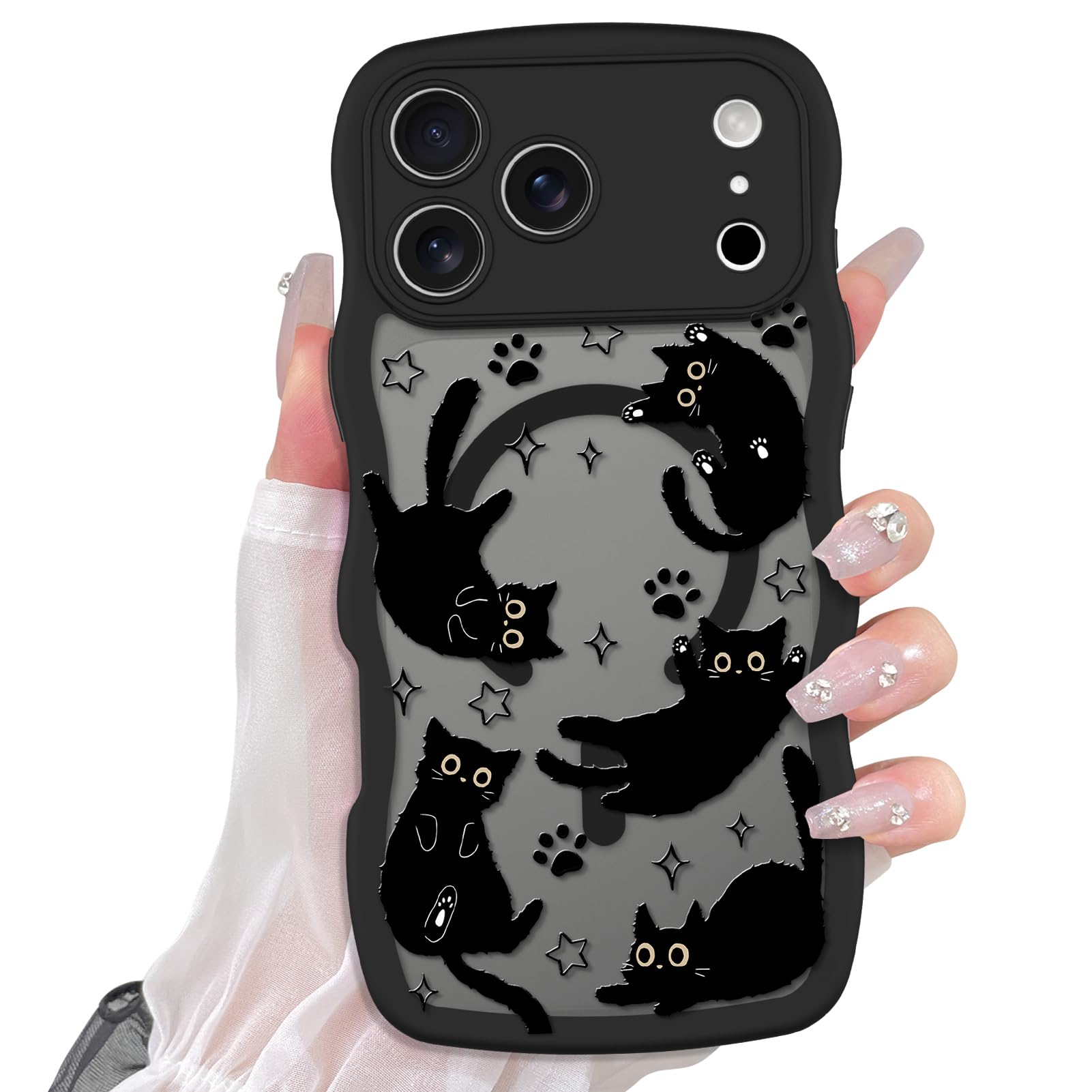 Cute Magnetic Case for iPhone 14 Case [ Compatible with MagSafe ] with Black Cat Cats Pattern Design for Women Girls Boys, Soft Bumper Hard Back Kawaii Animal Protective Phone Cover
