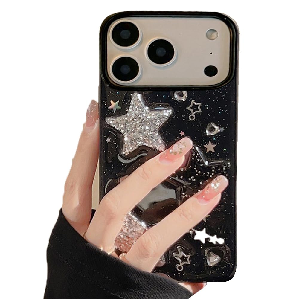 for iPhone 13 Case Bling Stars 3D Hearts Diamond Twinkle Star Glitter Y2K Spark Luxury Girly Aesthetic Personalized Design for Women Girls Teens TPU Case, 6.1", Black