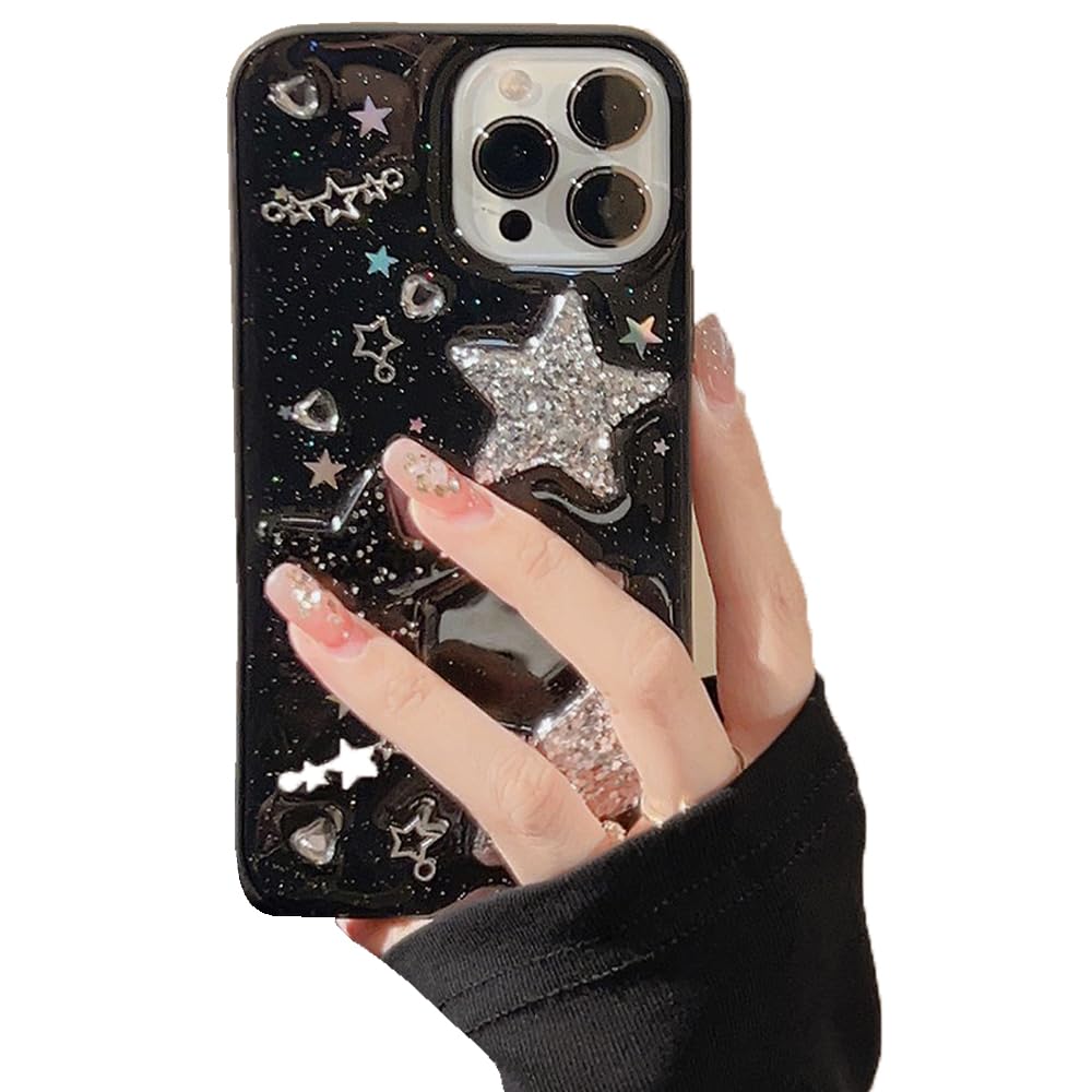 for iPhone 13 Case Bling Stars 3D Hearts Diamond Twinkle Star Glitter Y2K Spark Luxury Girly Aesthetic Personalized Design for Women Girls Teens TPU Case, 6.1", Black