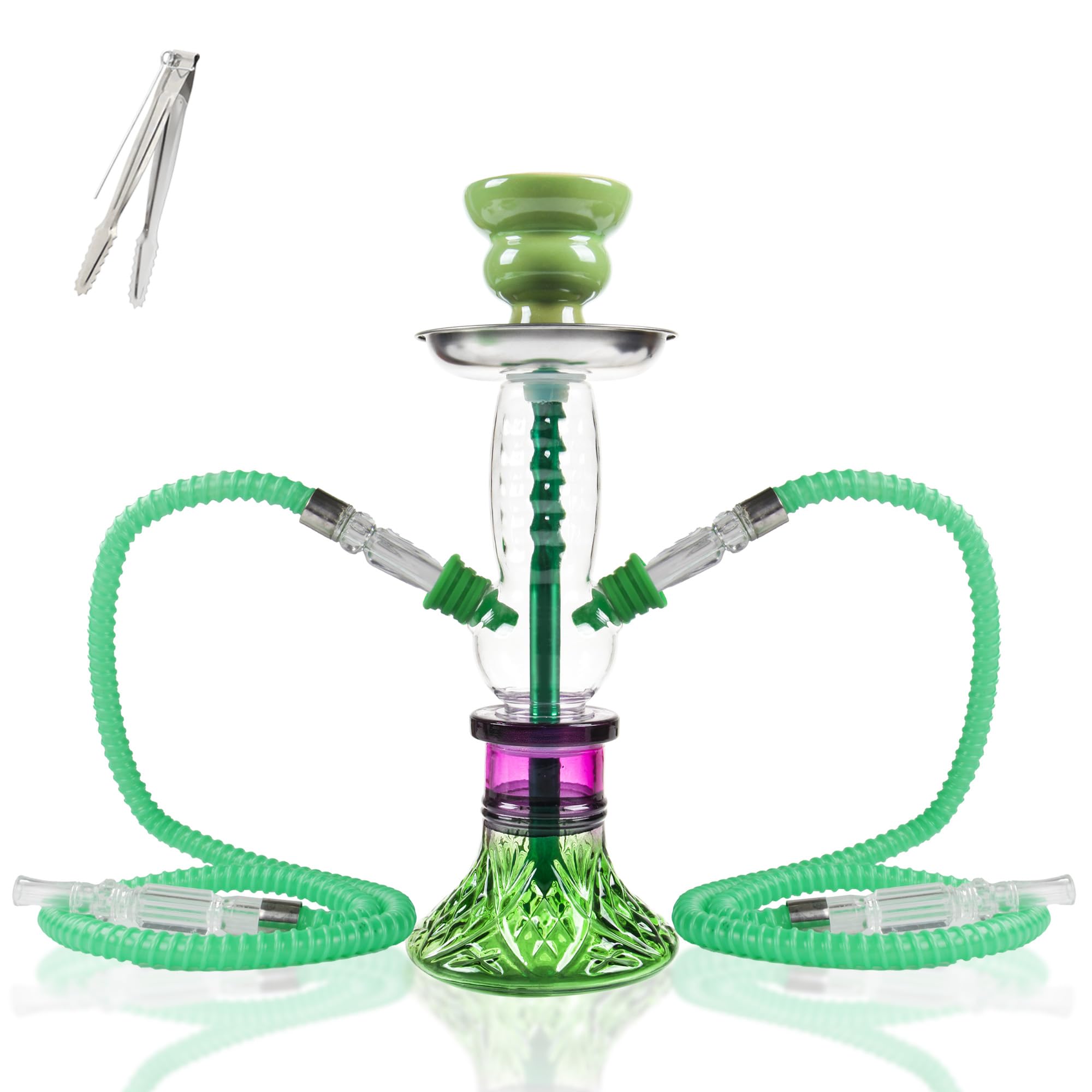 2-Hose Small Green Glass Hookah Set - Portable Water Shisha Pipe