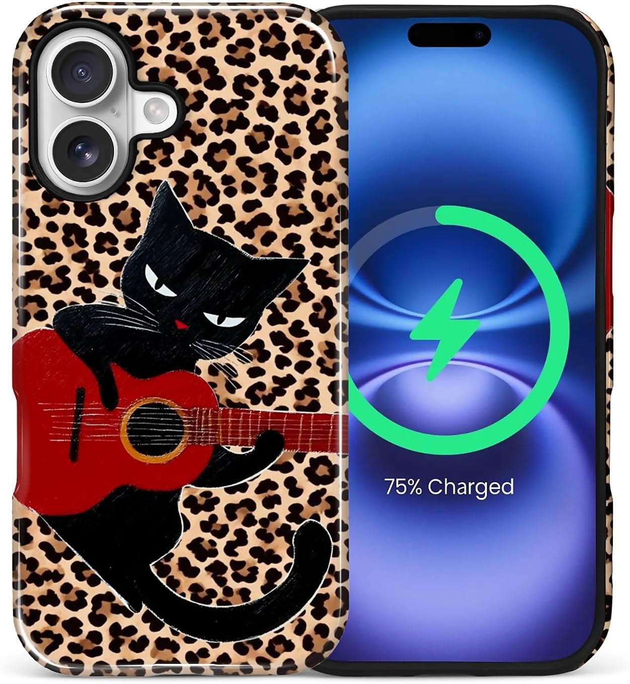 ZHEGAILIAN Magnetic Case for iPhone 15,Compatible with MagSafe Hard Shell + Soft Silicone 2 in 1 Hybrid Shockproof Bumper Drop Protective Case Retro Black Cat Guitar