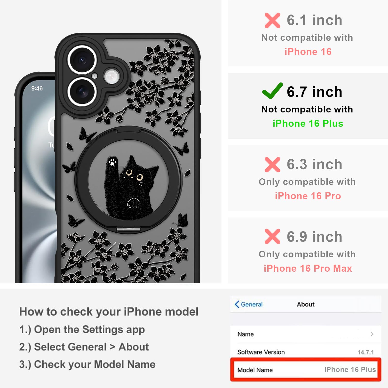 Cute Magnetic Case for iPhone 14 Case [ Compatible with MagSafe ] with Black Cat Cats Pattern Design for Women Girls Boys, Soft Bumper Hard Back Kawaii Animal Protective Phone Cover