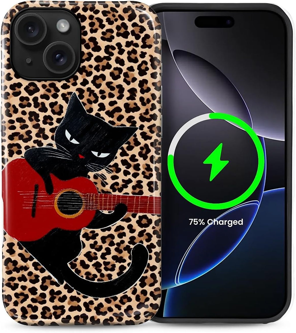 ZHEGAILIAN Magnetic Case for iPhone 15,Compatible with MagSafe Hard Shell + Soft Silicone 2 in 1 Hybrid Shockproof Bumper Drop Protective Case Retro Black Cat Guitar