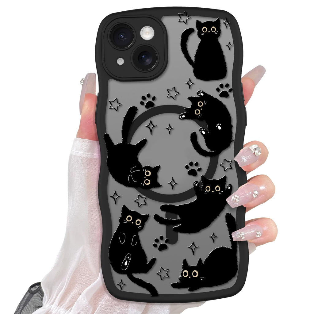 Cute Magnetic Case for iPhone 14 Case [ Compatible with MagSafe ] with Black Cat Cats Pattern Design for Women Girls Boys, Soft Bumper Hard Back Kawaii Animal Protective Phone Cover