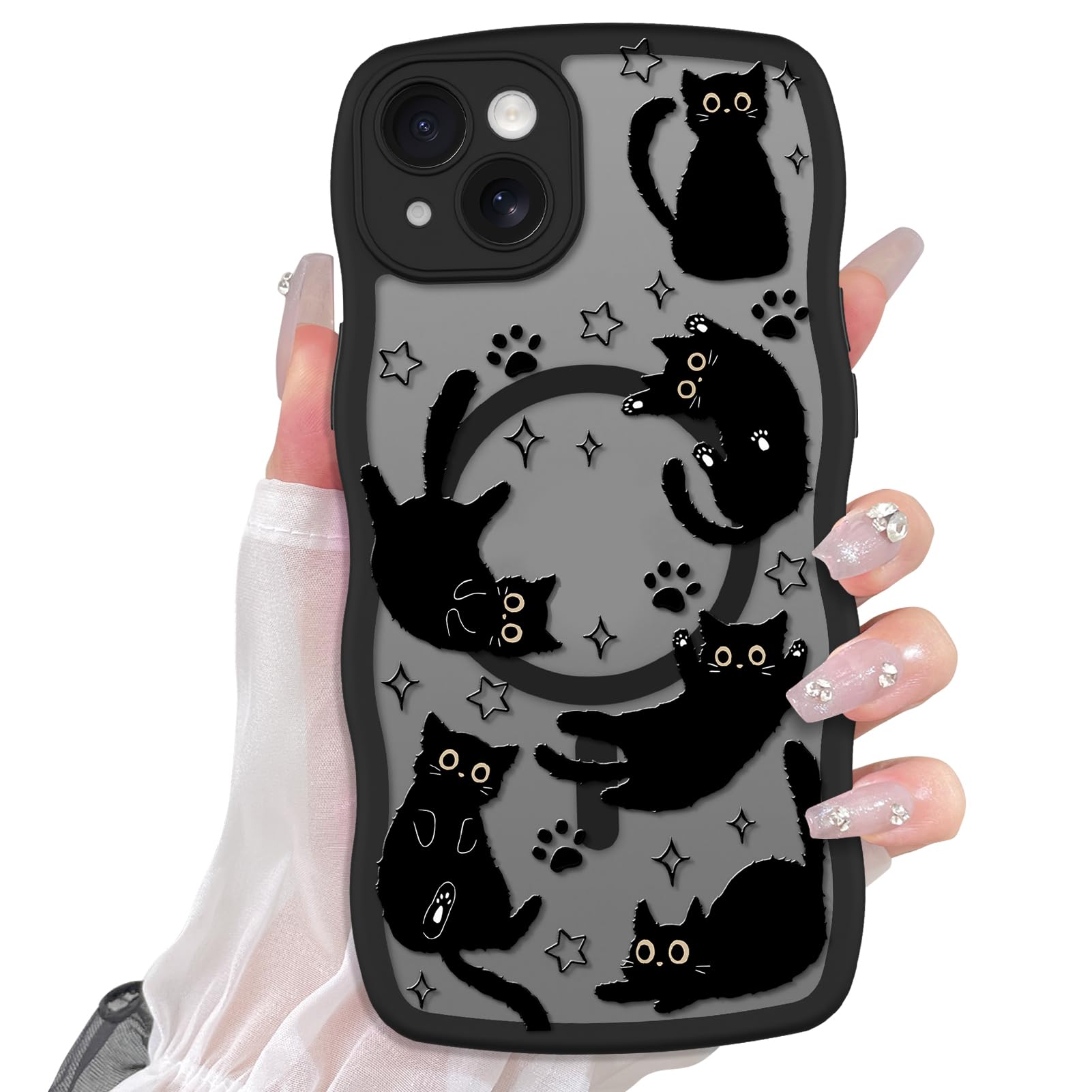 Cute Magnetic Case for iPhone 14 Case [ Compatible with MagSafe ] with Black Cat Cats Pattern Design for Women Girls Boys, Soft Bumper Hard Back Kawaii Animal Protective Phone Cover