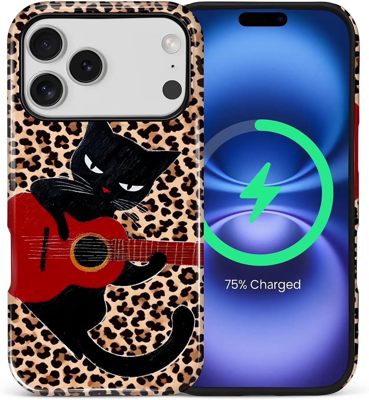 ZHEGAILIAN Magnetic Case for iPhone 15,Compatible with MagSafe Hard Shell + Soft Silicone 2 in 1 Hybrid Shockproof Bumper Drop Protective Case Retro Black Cat Guitar