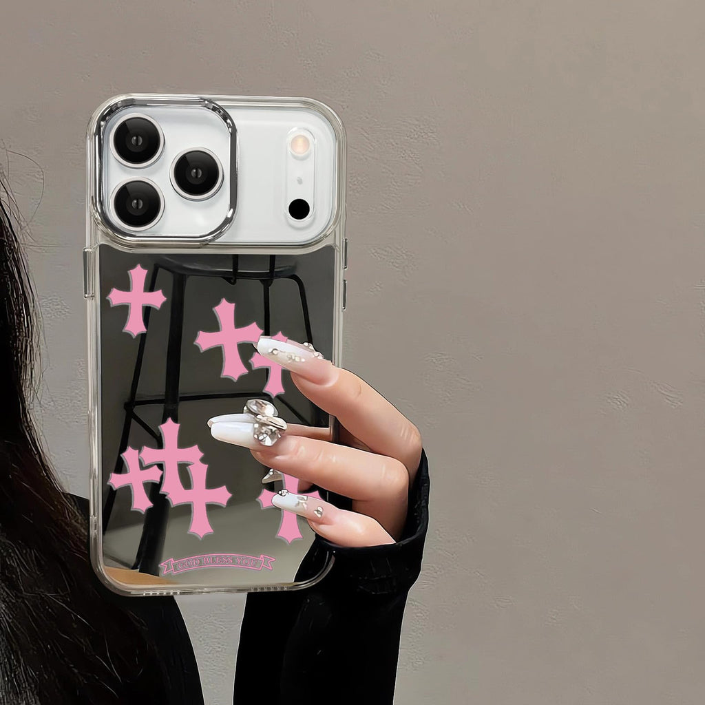 Compatible with iPhone 15 Pro Max Cute Glossy Mirror Back Case,Cross Pattern,Senior Shockproof Protection for iPhone 15 Pro Max Case for Women Girls-White