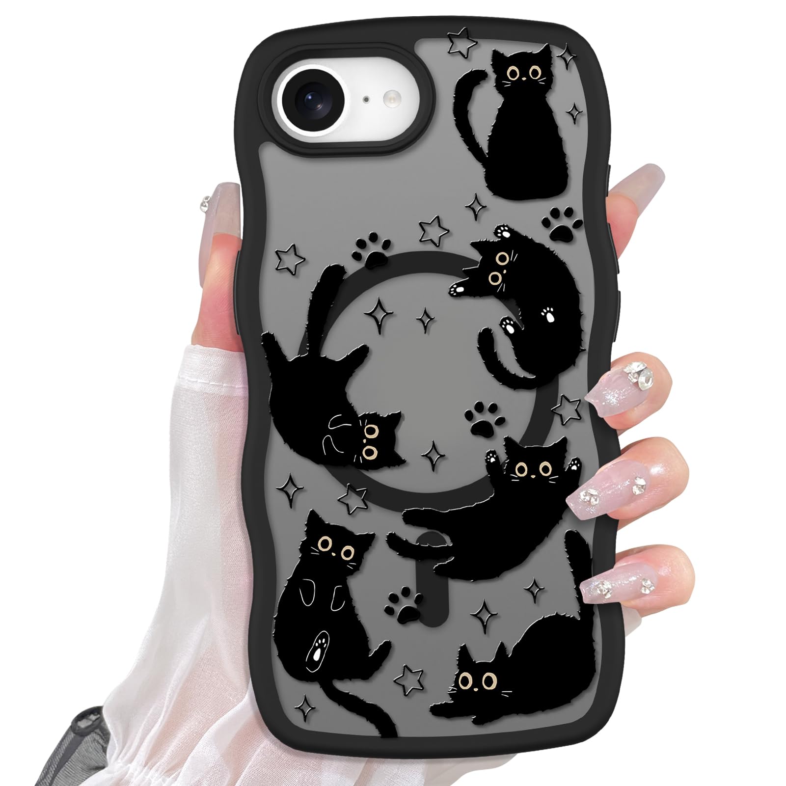 Cute Magnetic Case for iPhone 14 Case [ Compatible with MagSafe ] with Black Cat Cats Pattern Design for Women Girls Boys, Soft Bumper Hard Back Kawaii Animal Protective Phone Cover