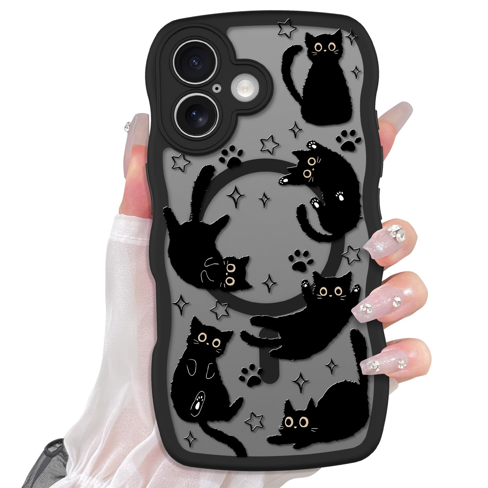 Cute Magnetic Case for iPhone 14 Case [ Compatible with MagSafe ] with Black Cat Cats Pattern Design for Women Girls Boys, Soft Bumper Hard Back Kawaii Animal Protective Phone Cover