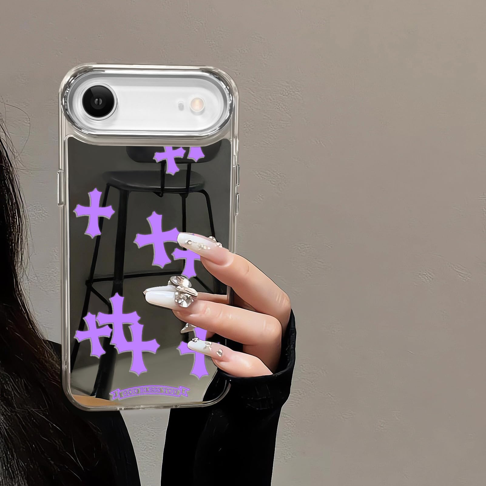 Compatible with iPhone 15 Pro Max Cute Glossy Mirror Back Case,Cross Pattern,Senior Shockproof Protection for iPhone 15 Pro Max Case for Women Girls-White