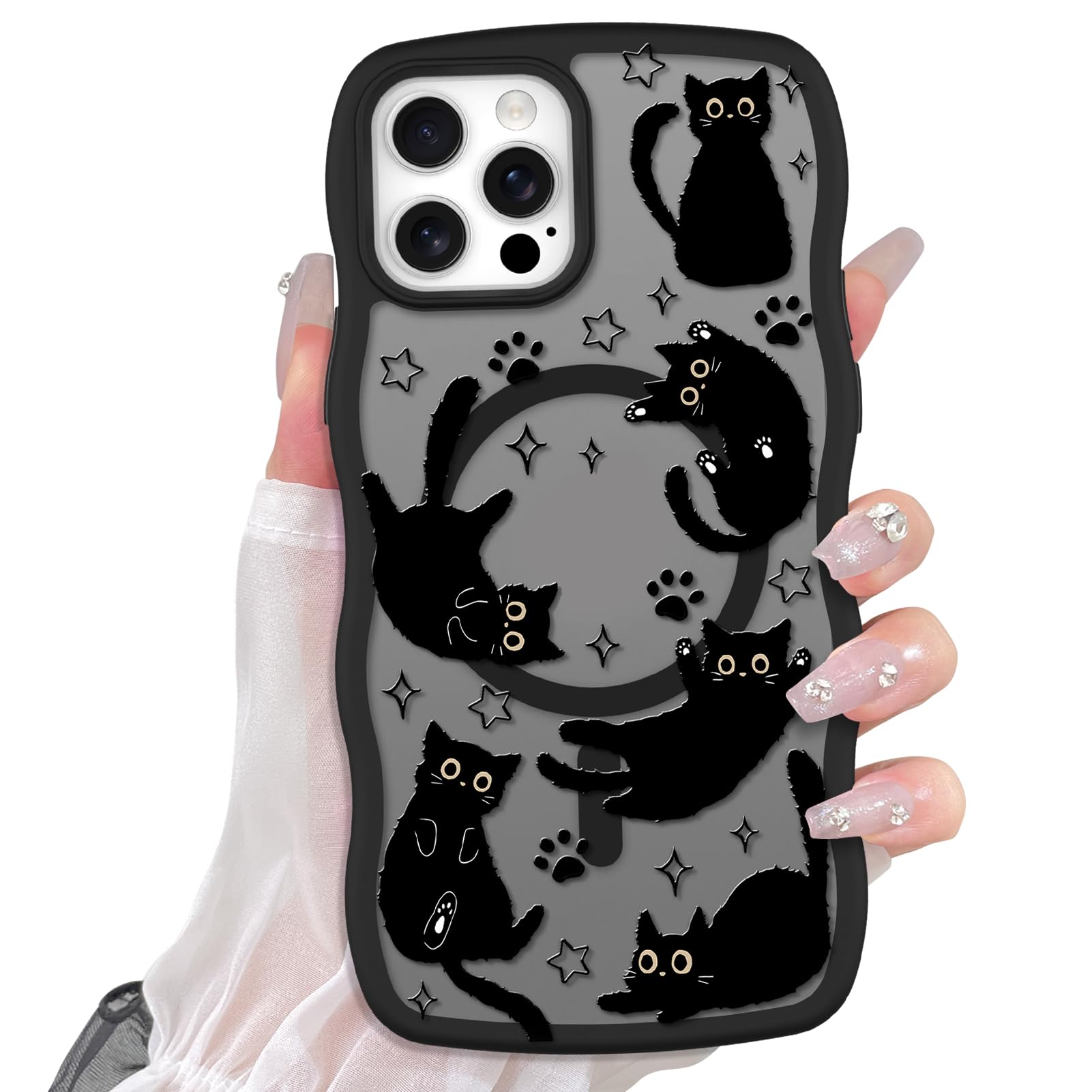 Cute Magnetic Case for iPhone 14 Case [ Compatible with MagSafe ] with Black Cat Cats Pattern Design for Women Girls Boys, Soft Bumper Hard Back Kawaii Animal Protective Phone Cover