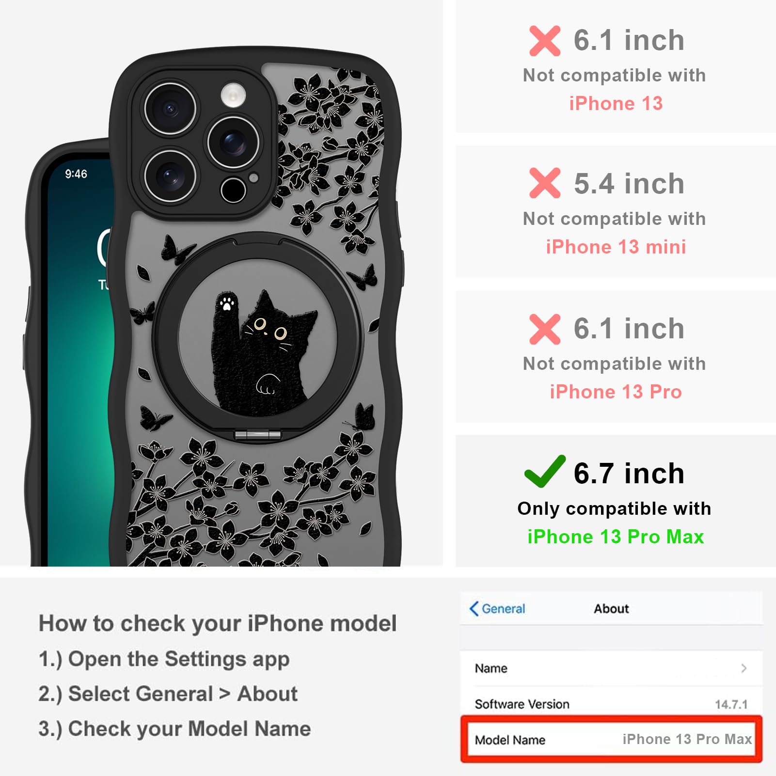 Cute Magnetic Case for iPhone 14 Case [ Compatible with MagSafe ] with Black Cat Cats Pattern Design for Women Girls Boys, Soft Bumper Hard Back Kawaii Animal Protective Phone Cover