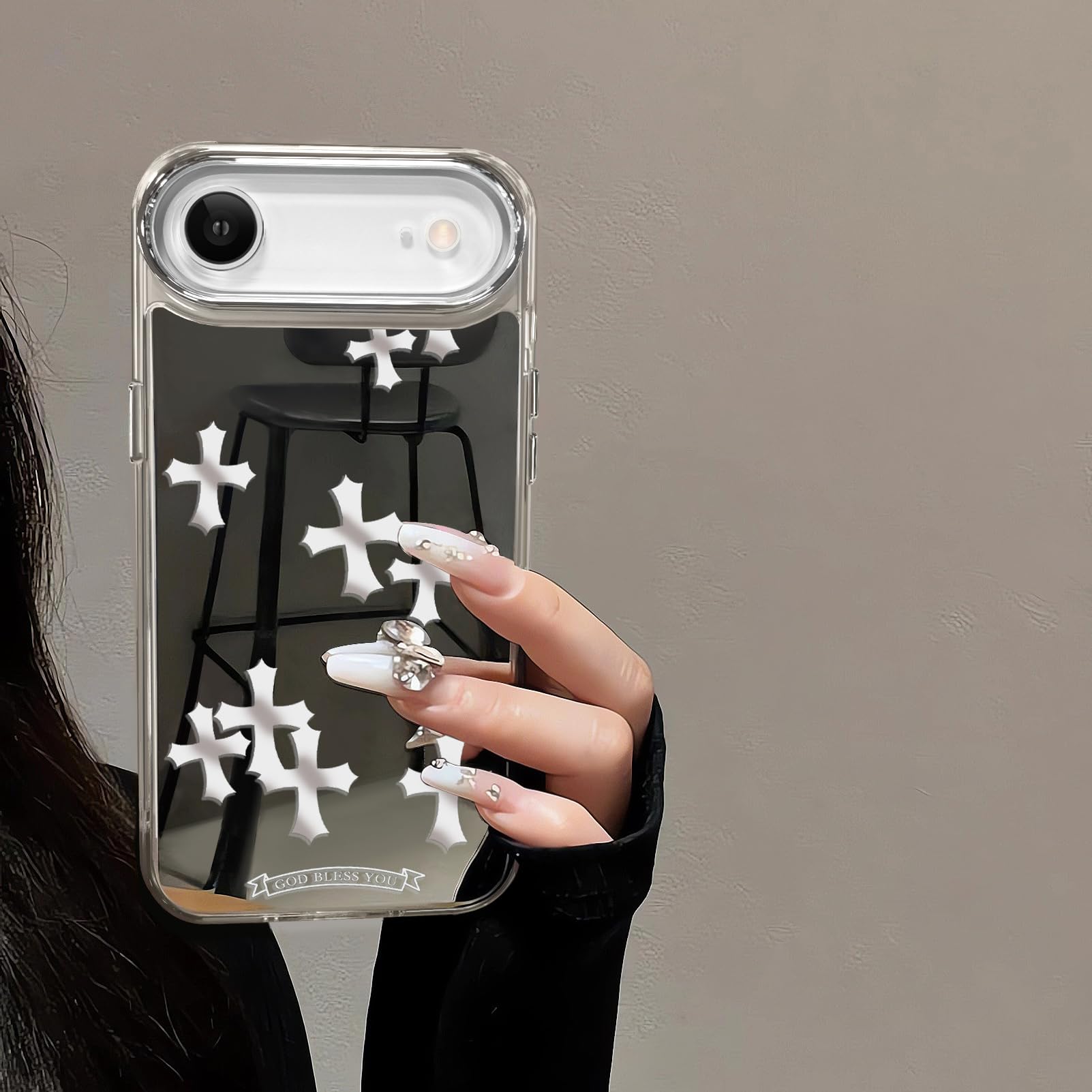Compatible with iPhone 15 Pro Max Cute Glossy Mirror Back Case,Cross Pattern,Senior Shockproof Protection for iPhone 15 Pro Max Case for Women Girls-White