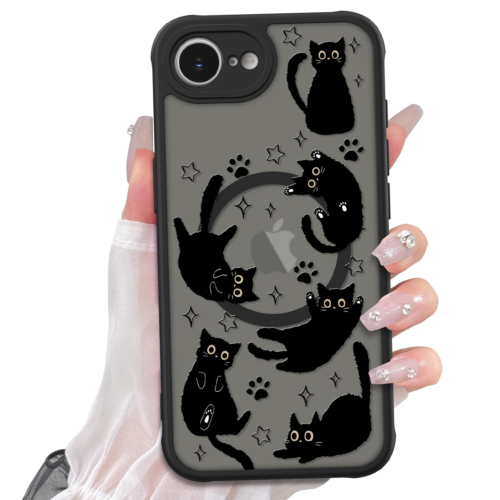 Cute Magnetic Case for iPhone 14 Case [ Compatible with MagSafe ] with Black Cat Cats Pattern Design for Women Girls Boys, Soft Bumper Hard Back Kawaii Animal Protective Phone Cover