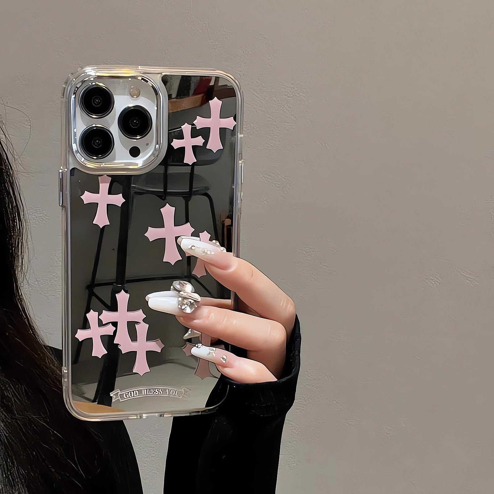 Compatible with iPhone 15 Pro Max Cute Glossy Mirror Back Case,Cross Pattern,Senior Shockproof Protection for iPhone 15 Pro Max Case for Women Girls-White
