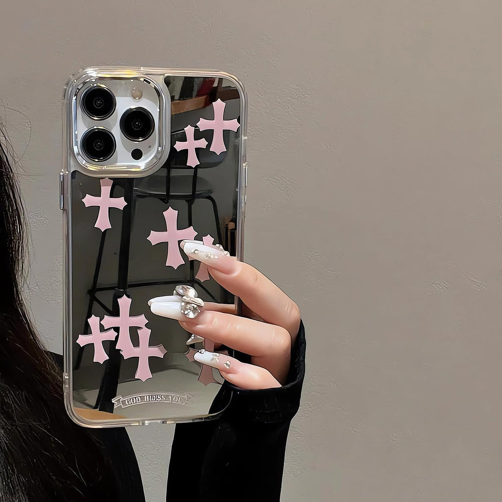 Compatible with iPhone 15 Pro Max Cute Glossy Mirror Back Case,Cross Pattern,Senior Shockproof Protection for iPhone 15 Pro Max Case for Women Girls-White