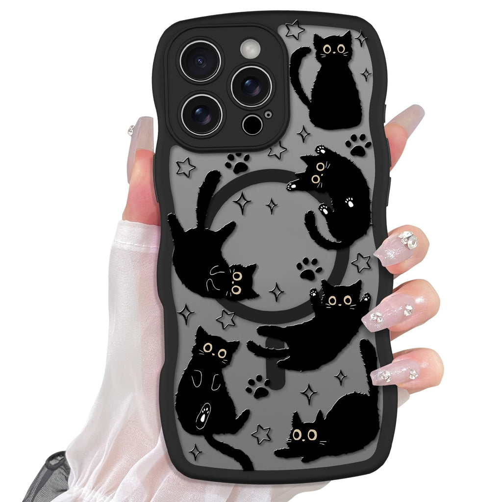 Cute Magnetic Case for iPhone 14 Case [ Compatible with MagSafe ] with Black Cat Cats Pattern Design for Women Girls Boys, Soft Bumper Hard Back Kawaii Animal Protective Phone Cover