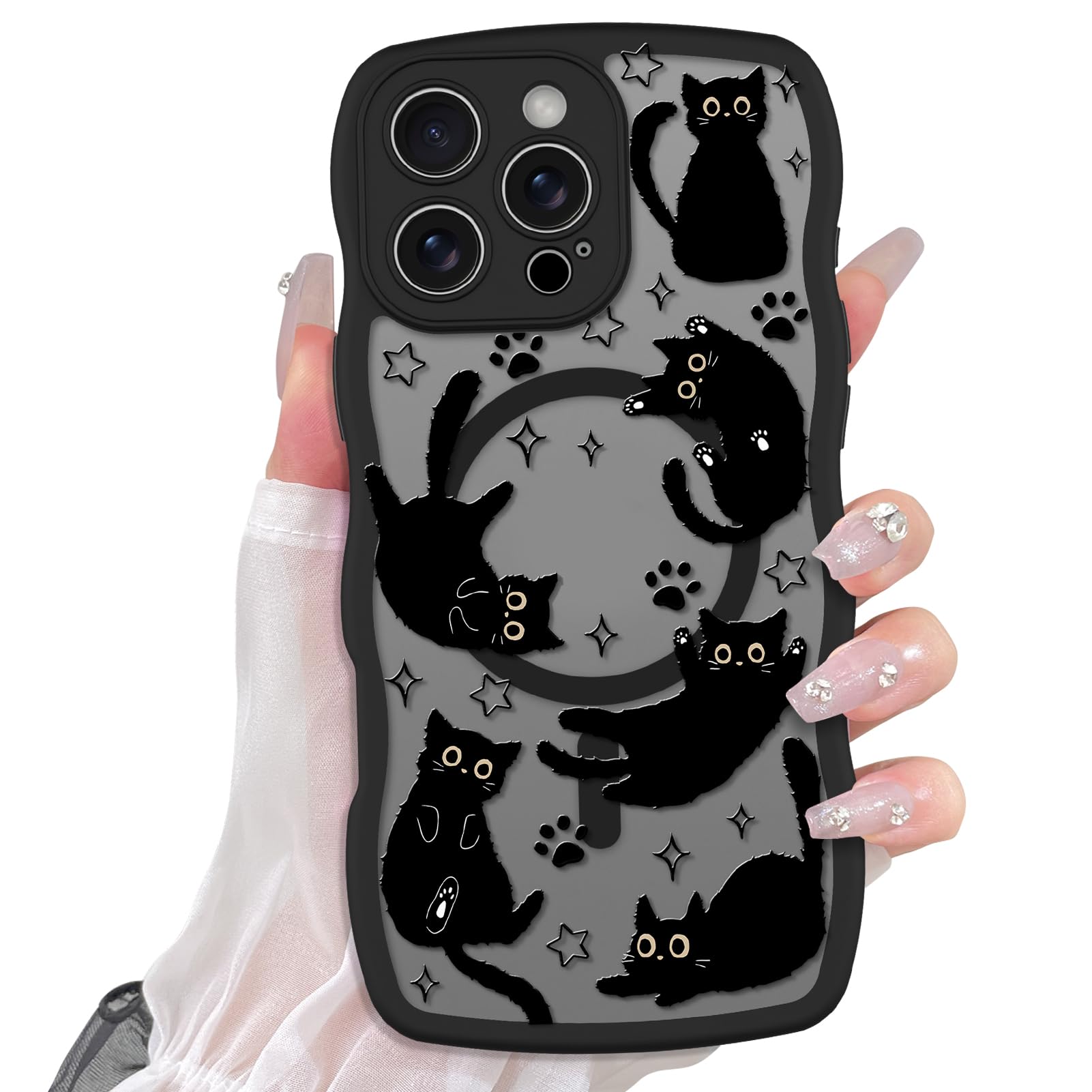 Cute Magnetic Case for iPhone 14 Case [ Compatible with MagSafe ] with Black Cat Cats Pattern Design for Women Girls Boys, Soft Bumper Hard Back Kawaii Animal Protective Phone Cover