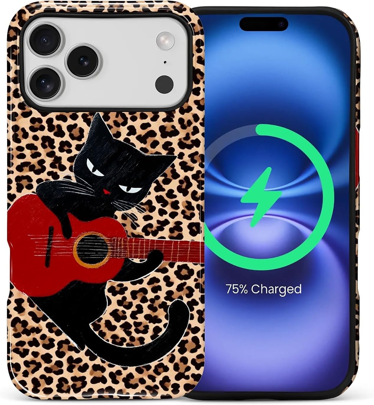 ZHEGAILIAN Magnetic Case for iPhone 15,Compatible with MagSafe Hard Shell + Soft Silicone 2 in 1 Hybrid Shockproof Bumper Drop Protective Case Retro Black Cat Guitar