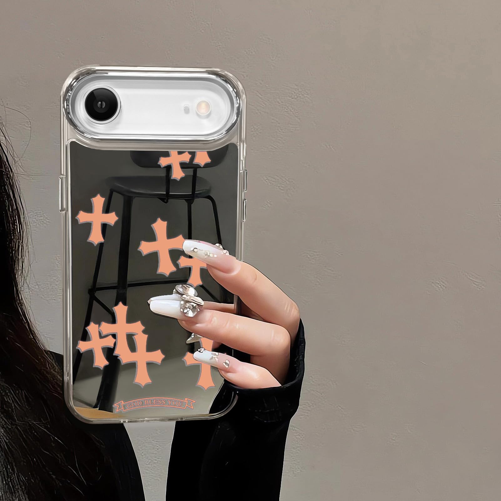 Compatible with iPhone 15 Pro Max Cute Glossy Mirror Back Case,Cross Pattern,Senior Shockproof Protection for iPhone 15 Pro Max Case for Women Girls-White