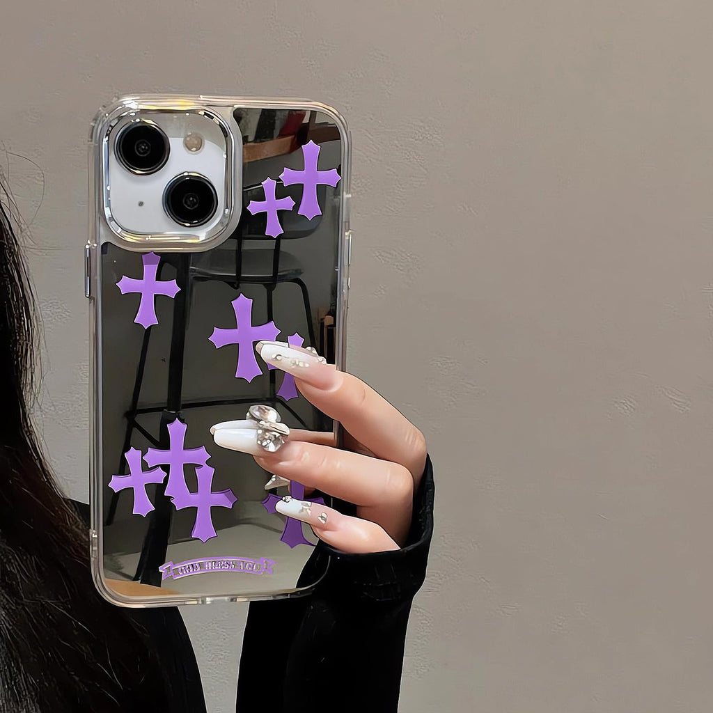 Compatible with iPhone 15 Pro Max Cute Glossy Mirror Back Case,Cross Pattern,Senior Shockproof Protection for iPhone 15 Pro Max Case for Women Girls-White