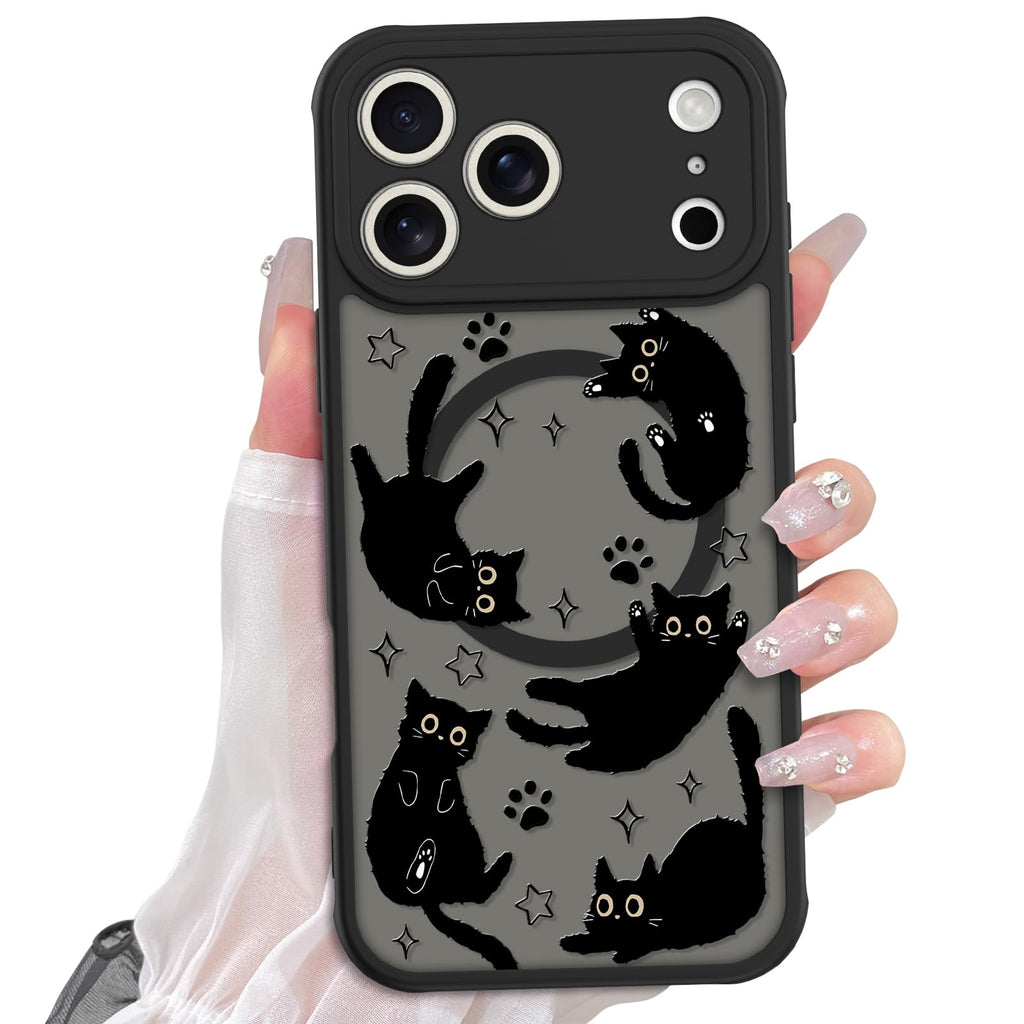 Cute Magnetic Case for iPhone 14 Case [ Compatible with MagSafe ] with Black Cat Cats Pattern Design for Women Girls Boys, Soft Bumper Hard Back Kawaii Animal Protective Phone Cover