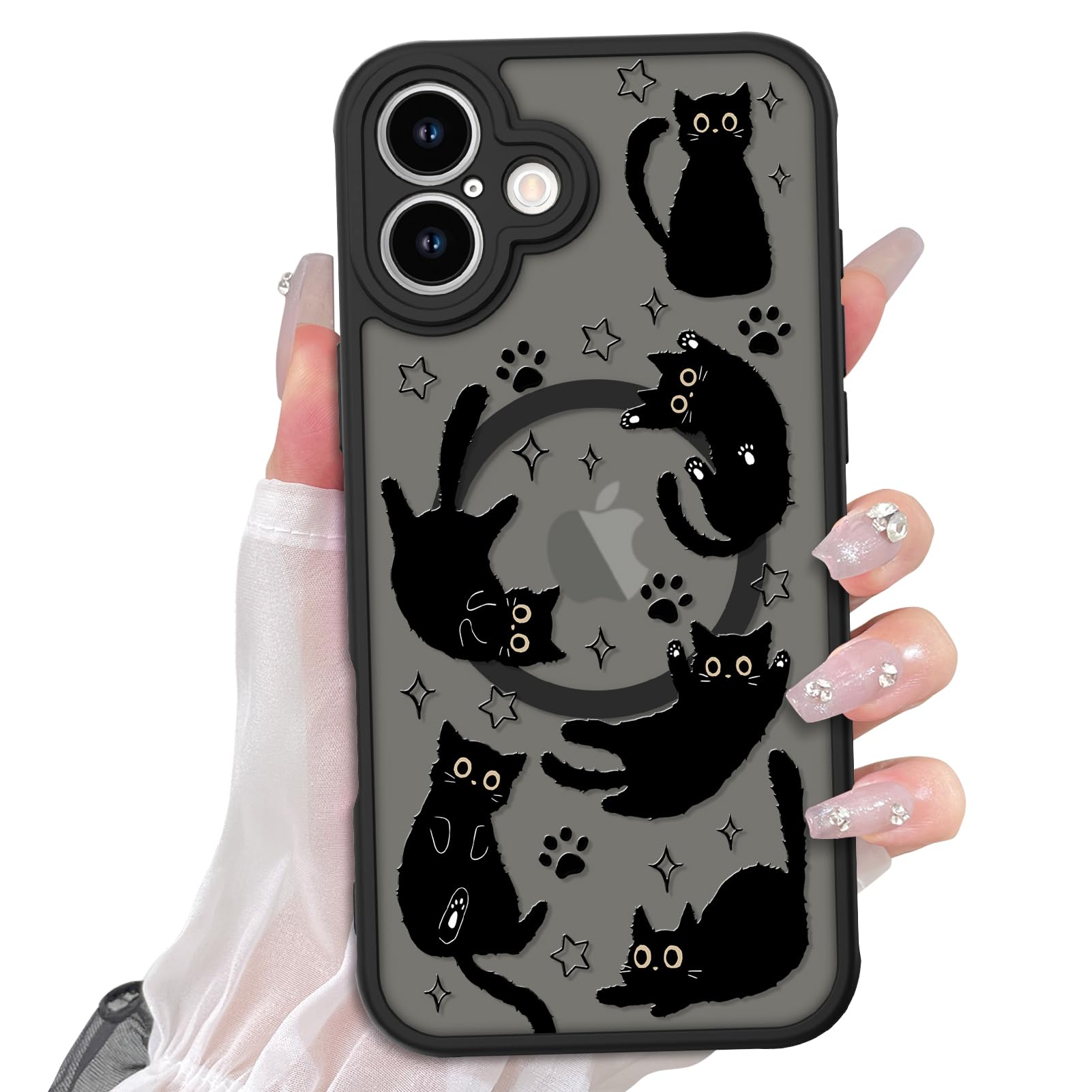 Cute Magnetic Case for iPhone 14 Case [ Compatible with MagSafe ] with Black Cat Cats Pattern Design for Women Girls Boys, Soft Bumper Hard Back Kawaii Animal Protective Phone Cover