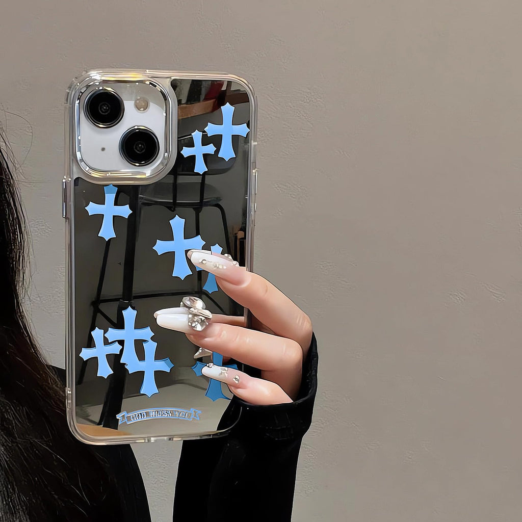 Compatible with iPhone 15 Pro Max Cute Glossy Mirror Back Case,Cross Pattern,Senior Shockproof Protection for iPhone 15 Pro Max Case for Women Girls-White