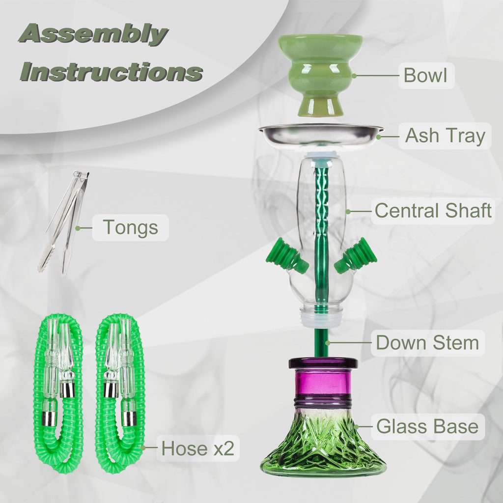 2-Hose Small Green Glass Hookah Set - Portable Water Shisha Pipe