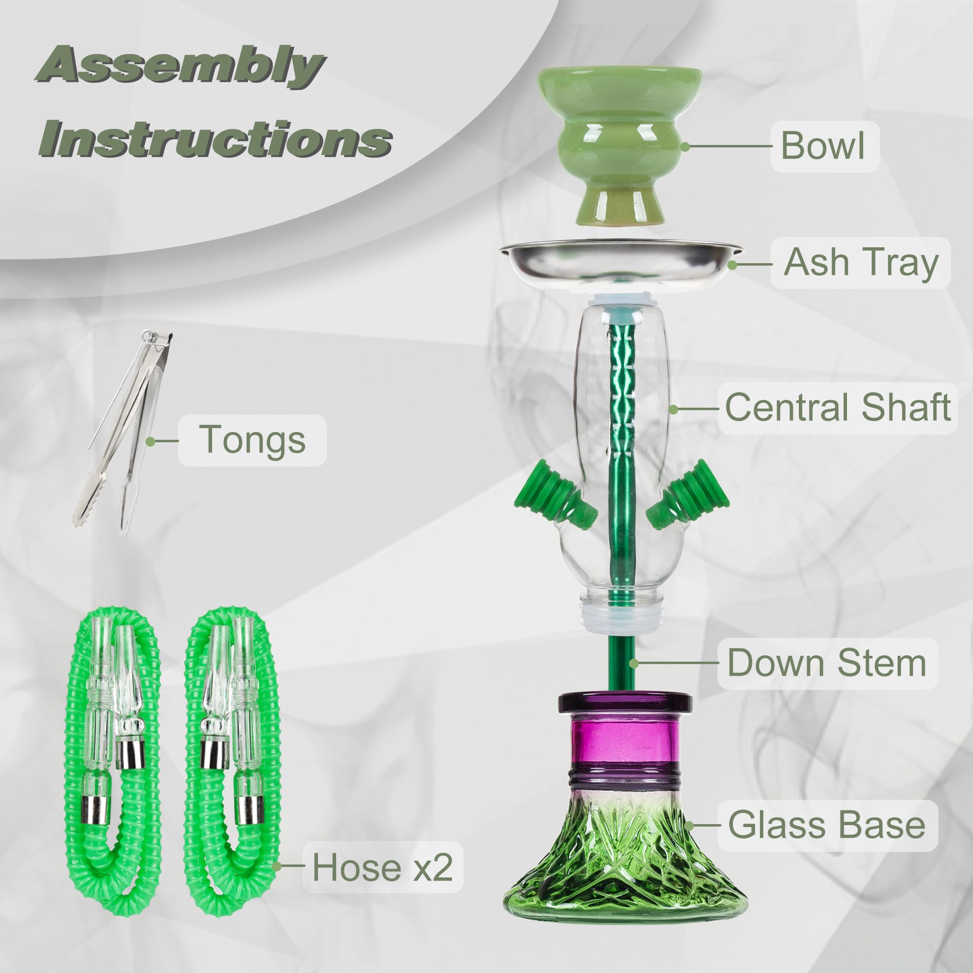 2-Hose Small Green Glass Hookah Set - Portable Water Shisha Pipe