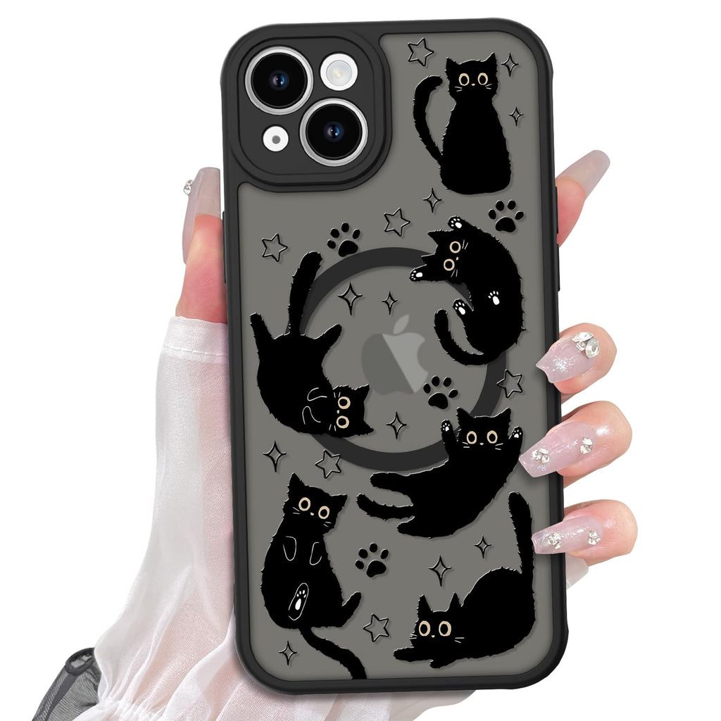 Cute Magnetic Case for iPhone 14 Case [ Compatible with MagSafe ] with Black Cat Cats Pattern Design for Women Girls Boys, Soft Bumper Hard Back Kawaii Animal Protective Phone Cover