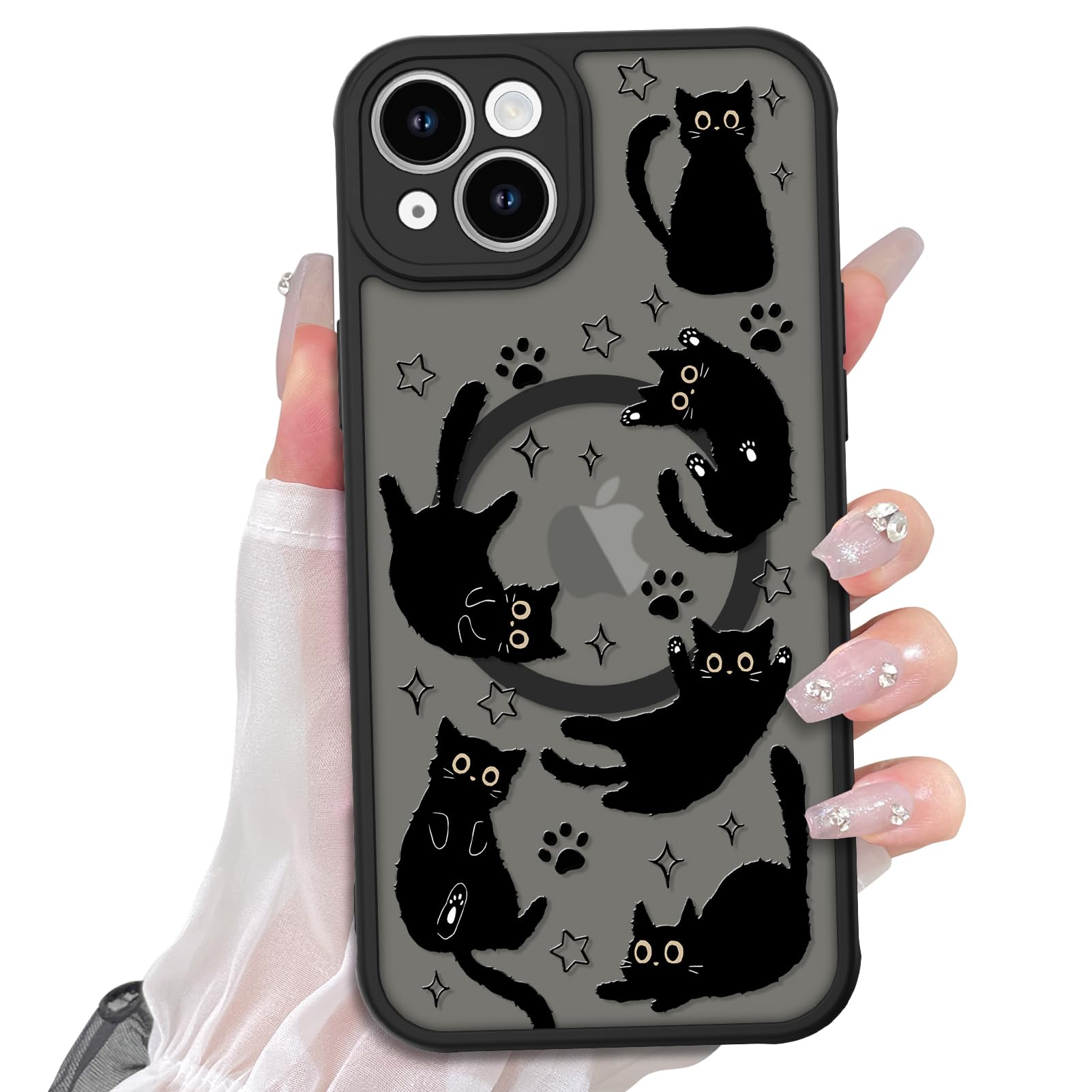 Cute Magnetic Case for iPhone 14 Case [ Compatible with MagSafe ] with Black Cat Cats Pattern Design for Women Girls Boys, Soft Bumper Hard Back Kawaii Animal Protective Phone Cover