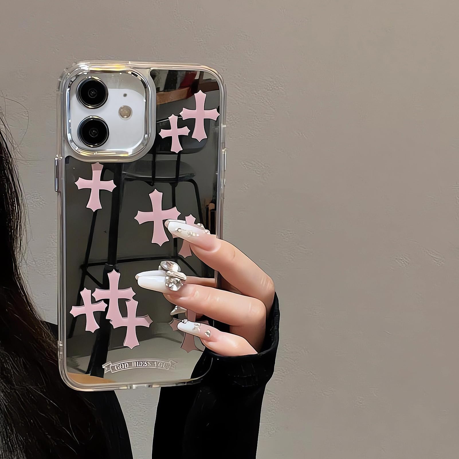 Compatible with iPhone 15 Pro Max Cute Glossy Mirror Back Case,Cross Pattern,Senior Shockproof Protection for iPhone 15 Pro Max Case for Women Girls-White