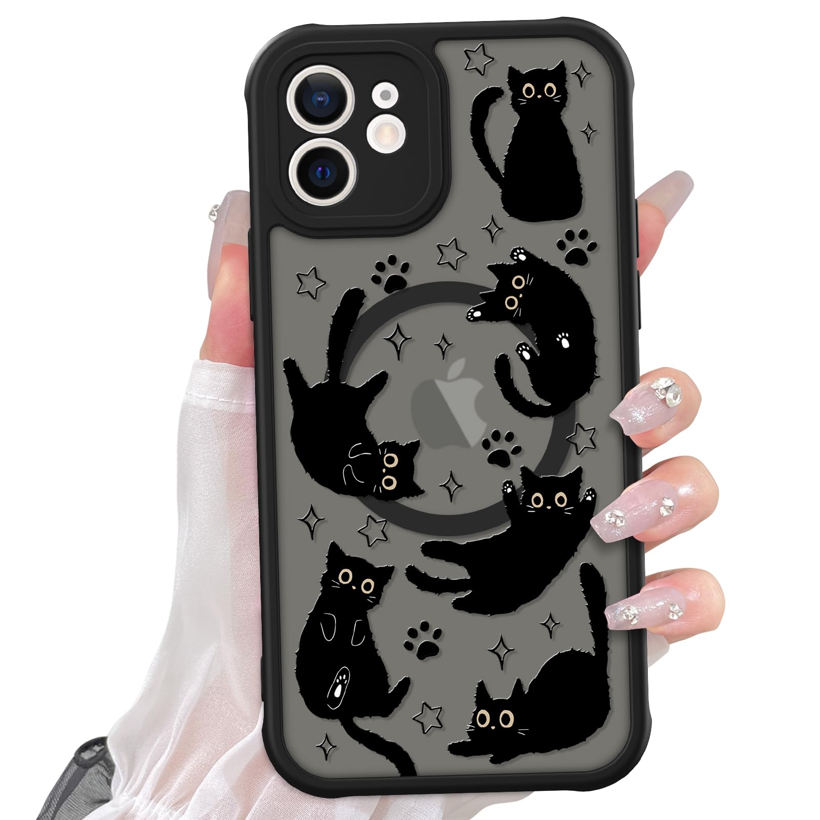 Cute Magnetic Case for iPhone 14 Case [ Compatible with MagSafe ] with Black Cat Cats Pattern Design for Women Girls Boys, Soft Bumper Hard Back Kawaii Animal Protective Phone Cover