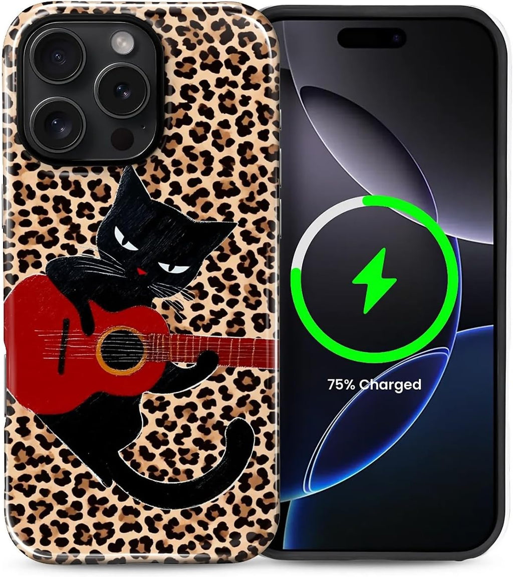 ZHEGAILIAN Magnetic Case for iPhone 15,Compatible with MagSafe Hard Shell + Soft Silicone 2 in 1 Hybrid Shockproof Bumper Drop Protective Case Retro Black Cat Guitar