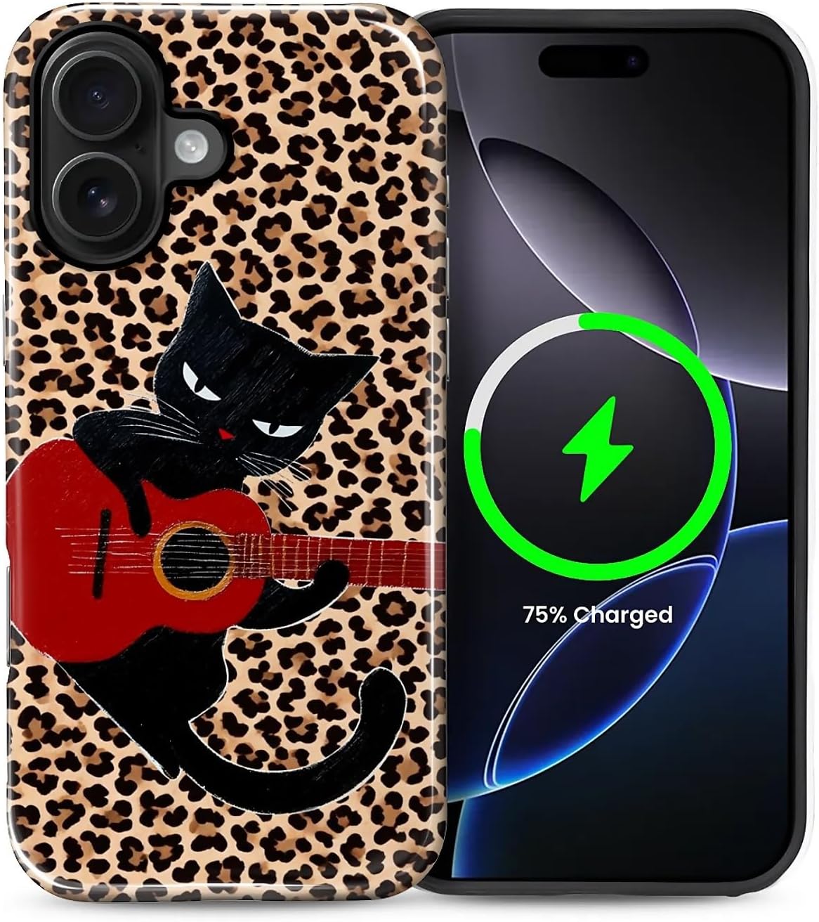 ZHEGAILIAN Magnetic Case for iPhone 15,Compatible with MagSafe Hard Shell + Soft Silicone 2 in 1 Hybrid Shockproof Bumper Drop Protective Case Retro Black Cat Guitar