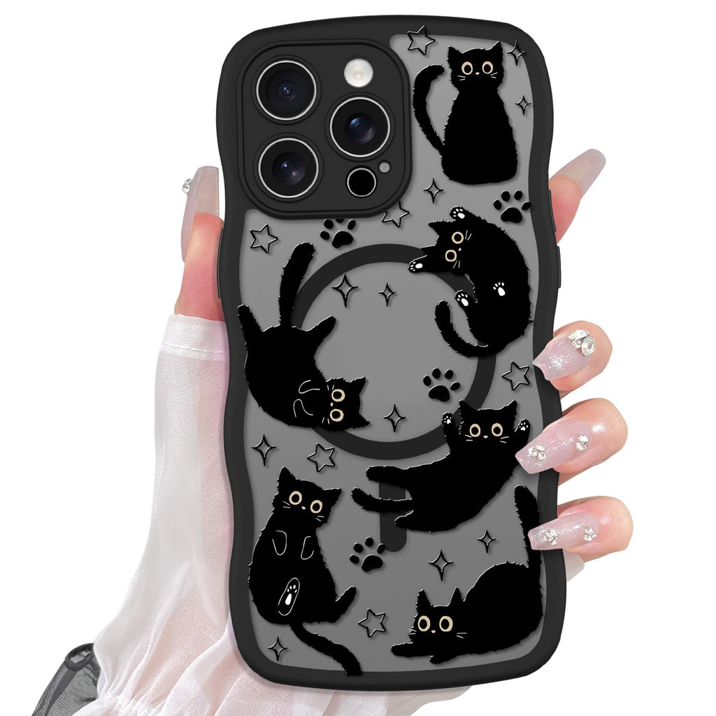 Cute Magnetic Case for iPhone 14 Case [ Compatible with MagSafe ] with Black Cat Cats Pattern Design for Women Girls Boys, Soft Bumper Hard Back Kawaii Animal Protective Phone Cover