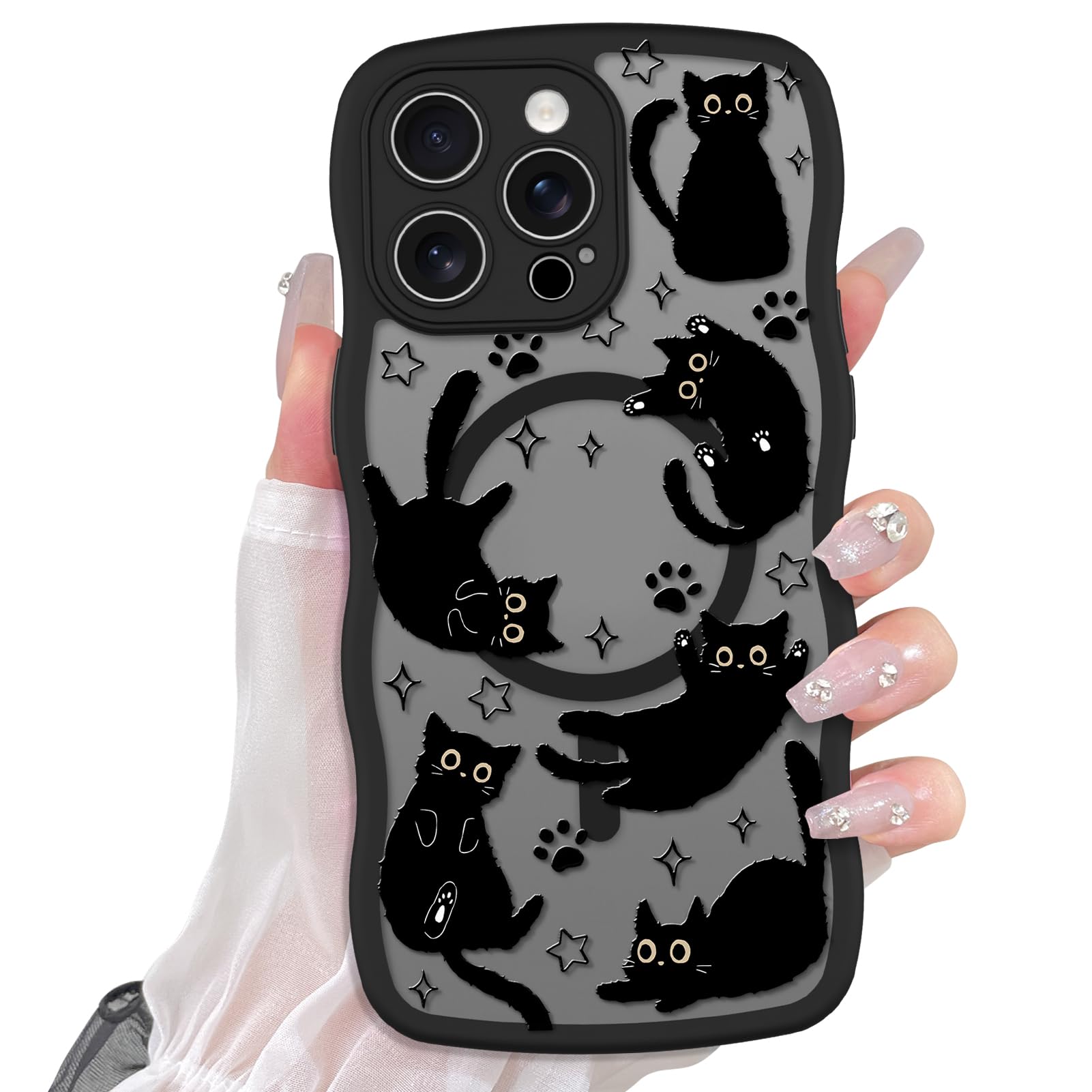 Cute Magnetic Case for iPhone 14 Case [ Compatible with MagSafe ] with Black Cat Cats Pattern Design for Women Girls Boys, Soft Bumper Hard Back Kawaii Animal Protective Phone Cover