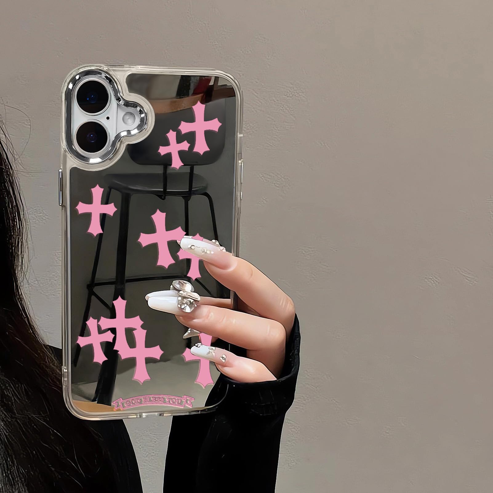 Compatible with iPhone 15 Pro Max Cute Glossy Mirror Back Case,Cross Pattern,Senior Shockproof Protection for iPhone 15 Pro Max Case for Women Girls-White