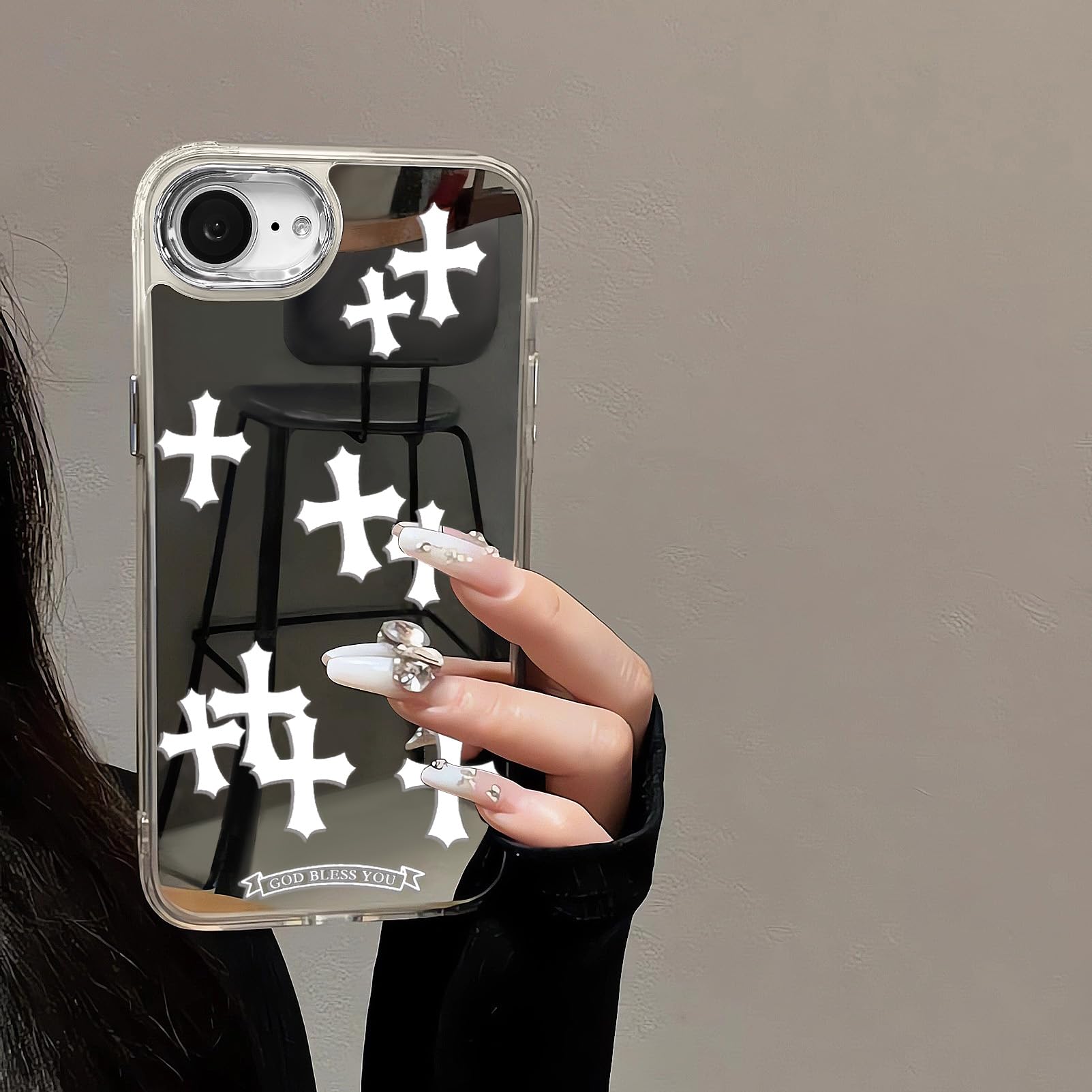 Compatible with iPhone 15 Pro Max Cute Glossy Mirror Back Case,Cross Pattern,Senior Shockproof Protection for iPhone 15 Pro Max Case for Women Girls-White