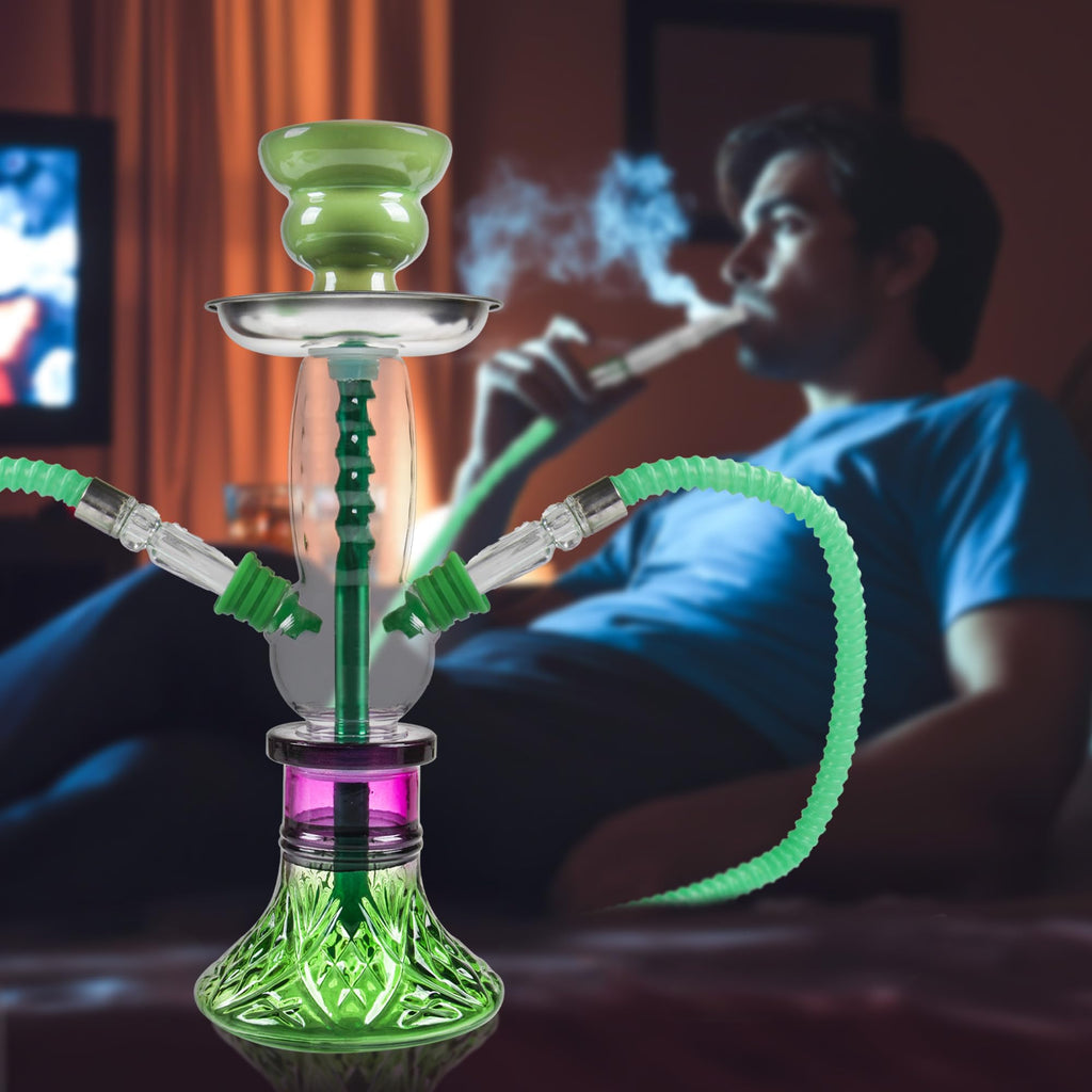 2-Hose Small Green Glass Hookah Set - Portable Water Shisha Pipe