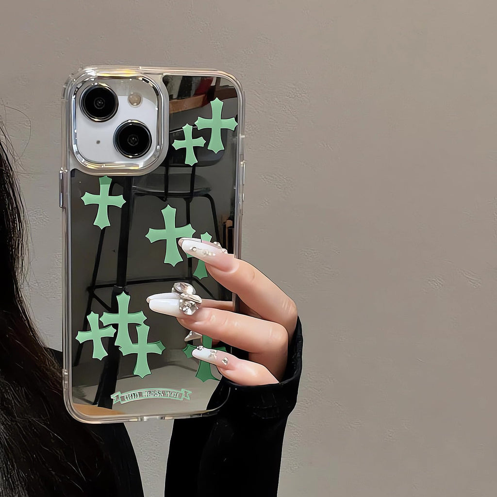 Compatible with iPhone 15 Pro Max Cute Glossy Mirror Back Case,Cross Pattern,Senior Shockproof Protection for iPhone 15 Pro Max Case for Women Girls-White