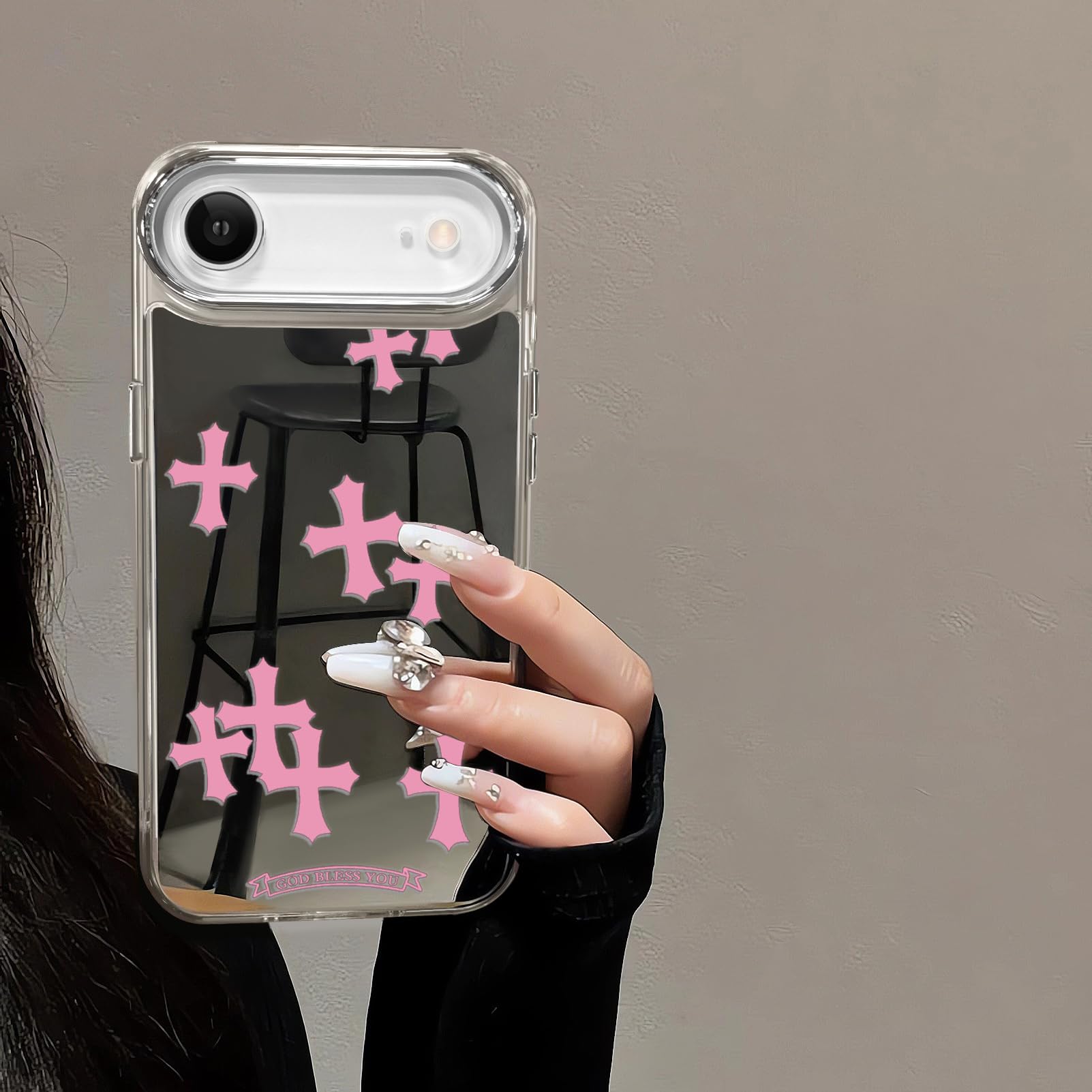 Compatible with iPhone 15 Pro Max Cute Glossy Mirror Back Case,Cross Pattern,Senior Shockproof Protection for iPhone 15 Pro Max Case for Women Girls-White