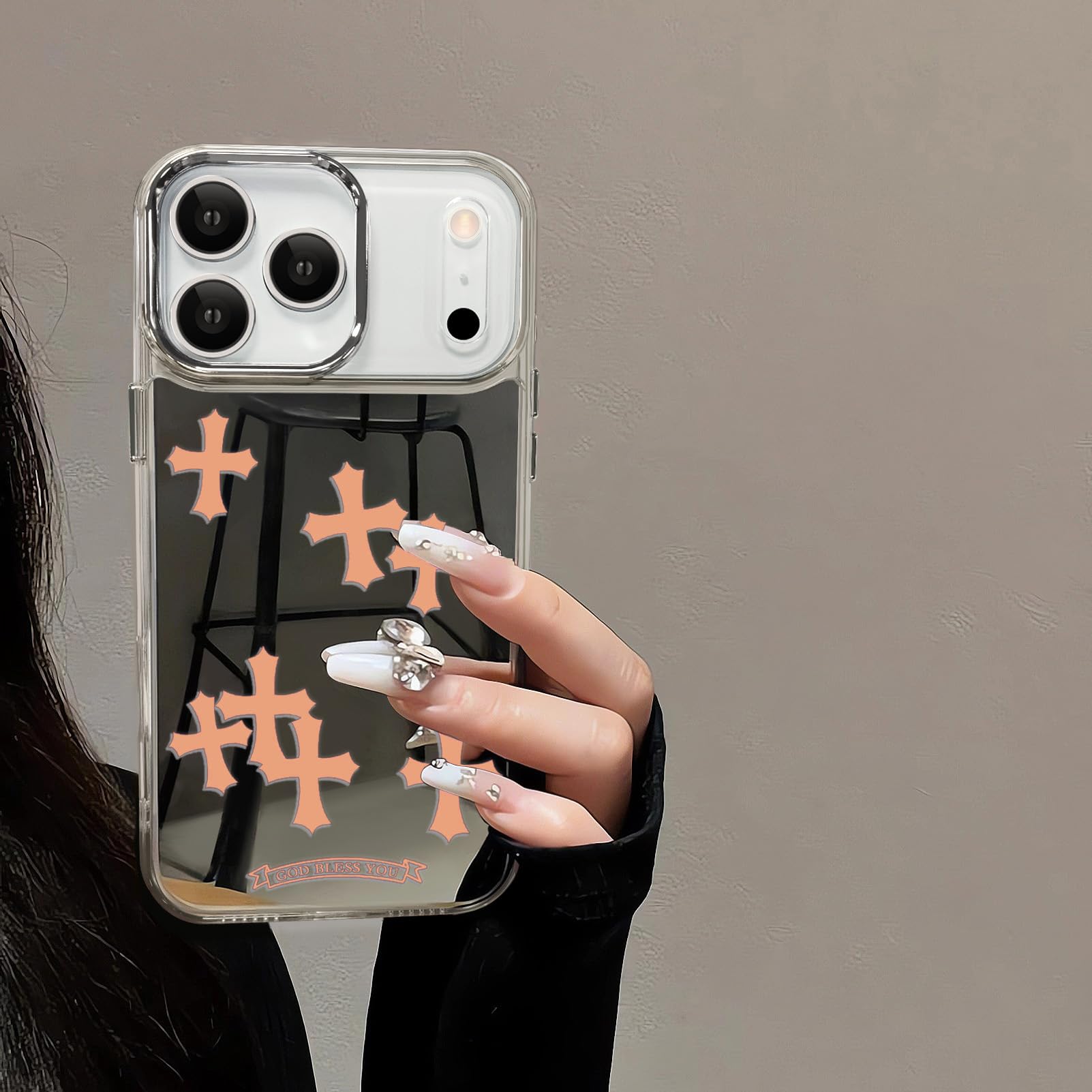 Compatible with iPhone 15 Pro Max Cute Glossy Mirror Back Case,Cross Pattern,Senior Shockproof Protection for iPhone 15 Pro Max Case for Women Girls-White