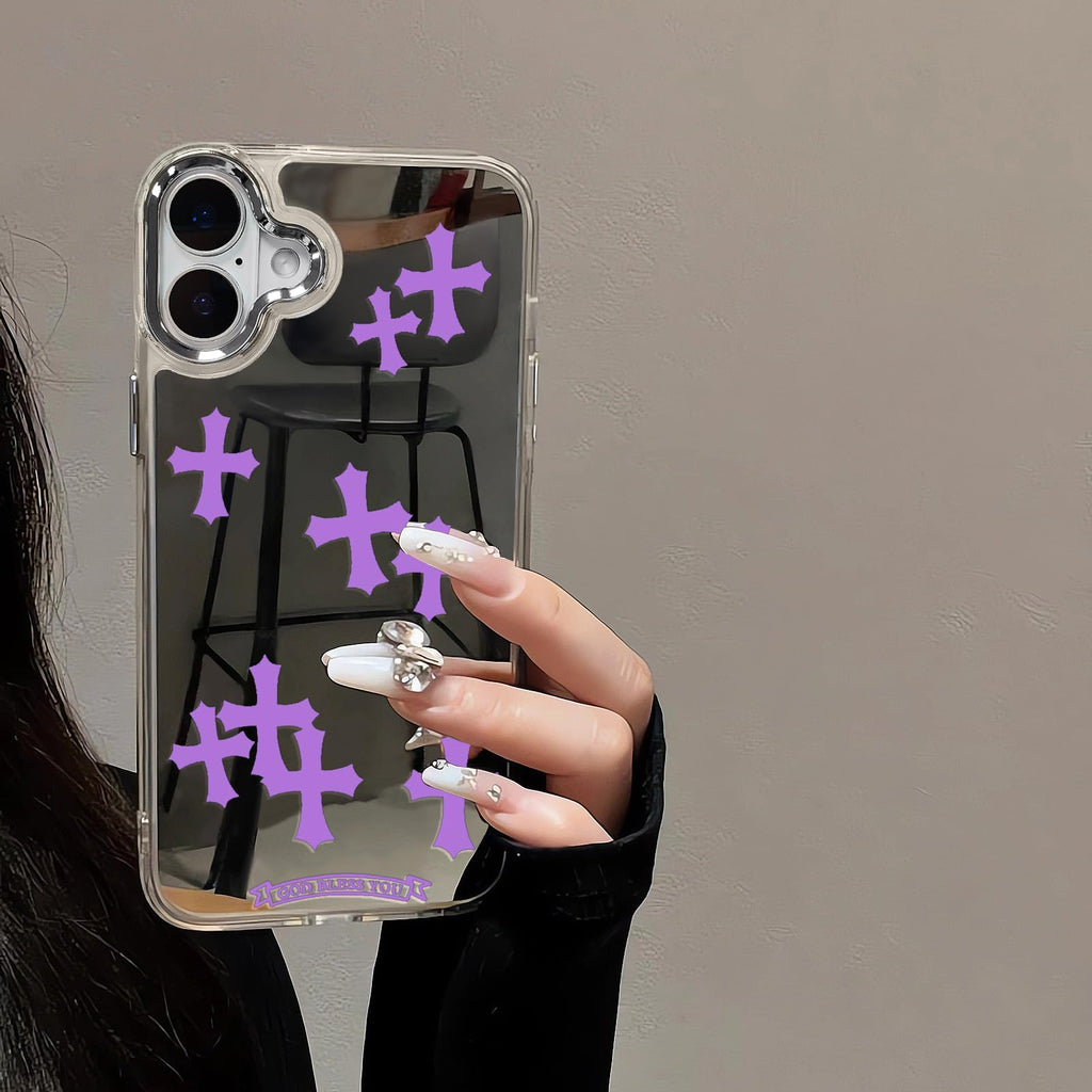 Compatible with iPhone 15 Pro Max Cute Glossy Mirror Back Case,Cross Pattern,Senior Shockproof Protection for iPhone 15 Pro Max Case for Women Girls-White