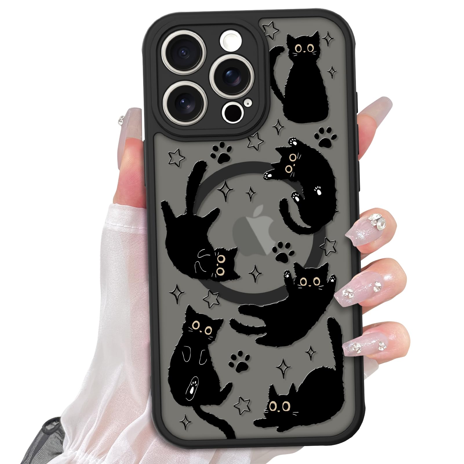 Cute Magnetic Case for iPhone 14 Case [ Compatible with MagSafe ] with Black Cat Cats Pattern Design for Women Girls Boys, Soft Bumper Hard Back Kawaii Animal Protective Phone Cover
