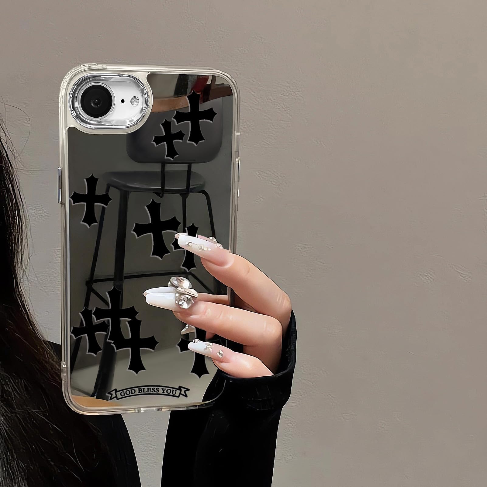 Compatible with iPhone 15 Pro Max Cute Glossy Mirror Back Case,Cross Pattern,Senior Shockproof Protection for iPhone 15 Pro Max Case for Women Girls-White